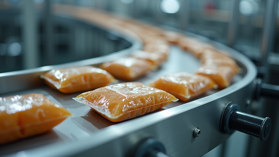High angle view of packaging line with conveyor belts and sealed food packages