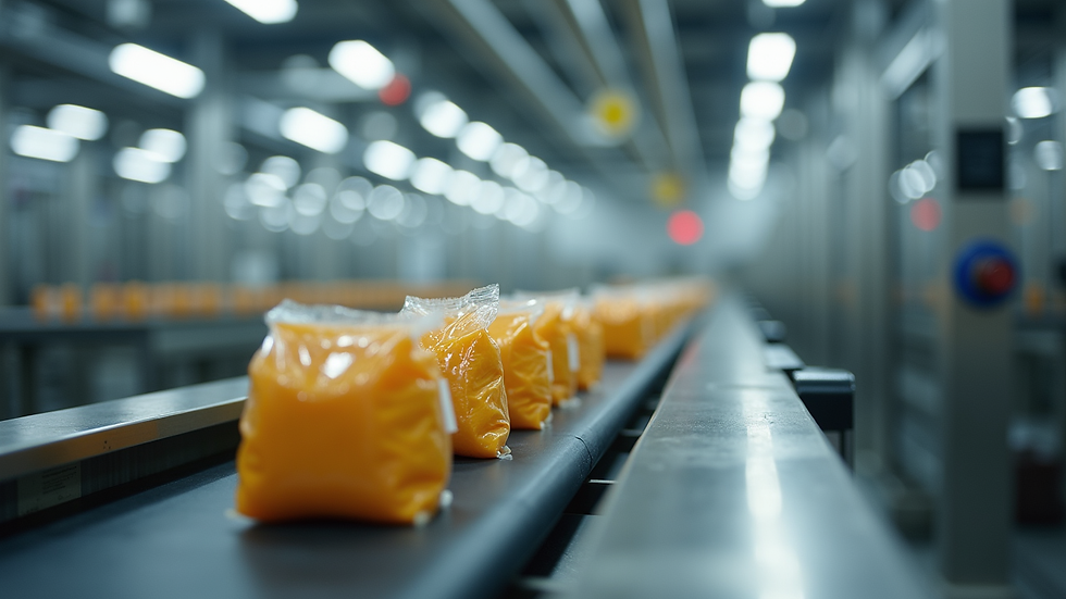 Close-up view of packaged food products on a conveyor belt in a manufacturing facility