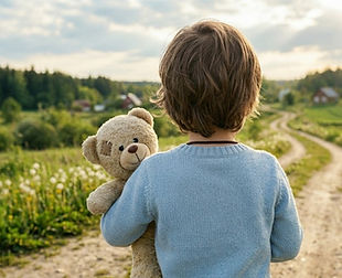 Young child holding a teddy bear on a dirt path