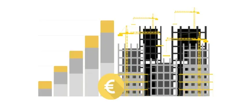 Illustration de bâtiments en construction avec des grues et un graphique en barres ascendantes symbolisant l’évolution des coûts des opérations dans le secteur du BTP.