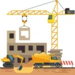 Illustration d’un chantier avec une grue, un camion et une pelleteuse en action devant un bâtiment en construction, représentant la logistique et la coordination des travaux.