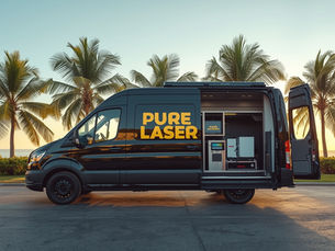 Camion noir haut de gamme Pure Laser en Martinique, équipé pour le décapage laser professionnel, avec logo jaune “Laser Tech” sur la carrosserie, symbole de technologie propre et écologique.