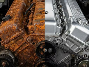 Bloc moteur automobile en gros plan : moitié gauche fortement rouillée et corrodée, moitié droite propre et polie.