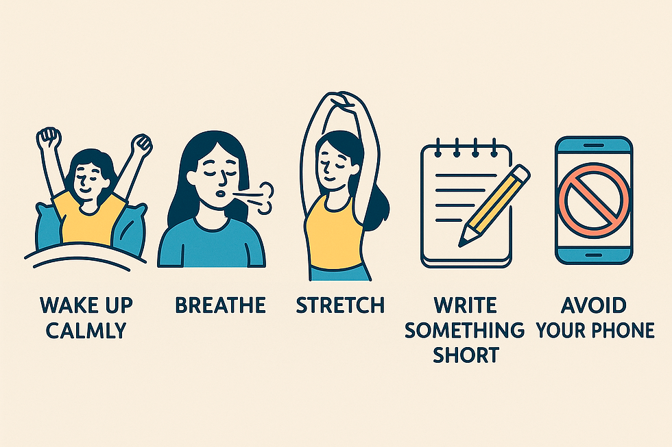"Simple morning rituals that transform your day: wake up calmly, breathe, stretch, write something, and avoid your phone."