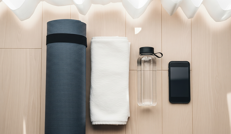 "Essenciais para o treino: tapete, toalha, água e música – tudo pronto para se movimentar."