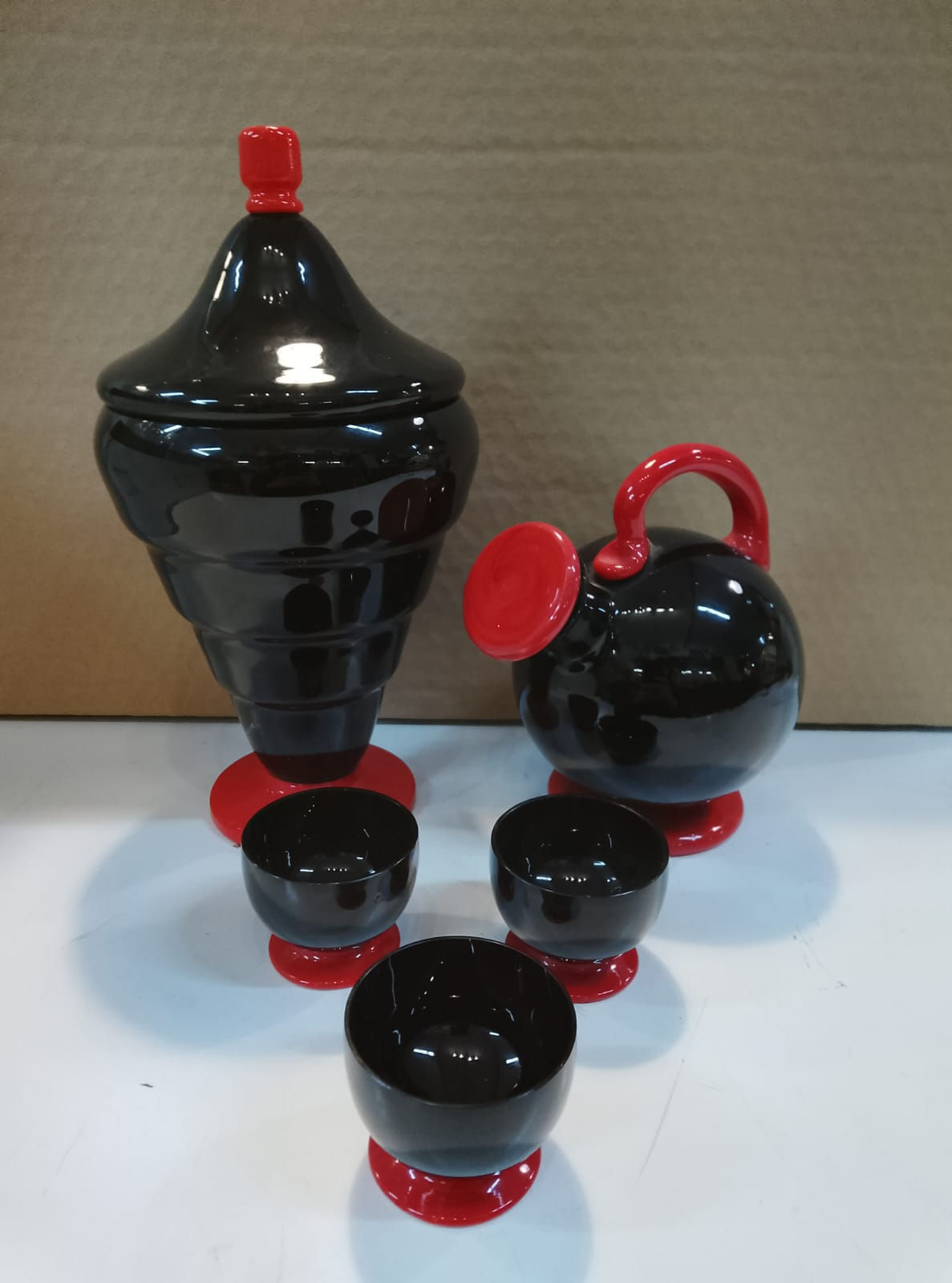 Set 5 pezzi in Vetro di Murano Nero e Rosso Vintage Toso Moretti Venini