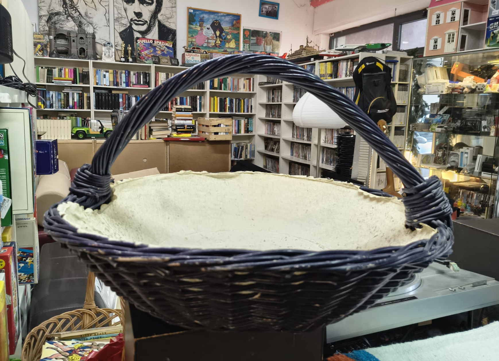 Grande Cesto Rotondo Blu con Interno Foderato e Manico