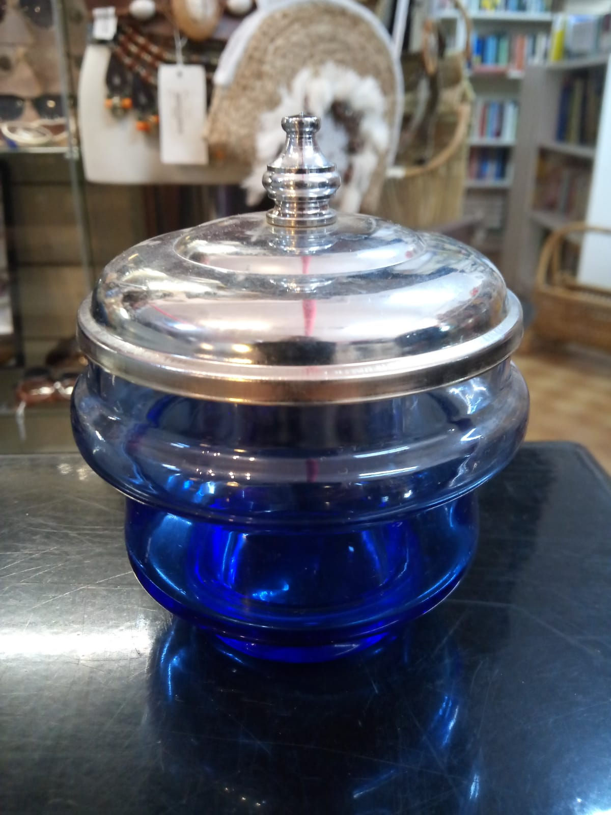 Zuccheriera in Vetro Blu con Coperchio in Acciaio