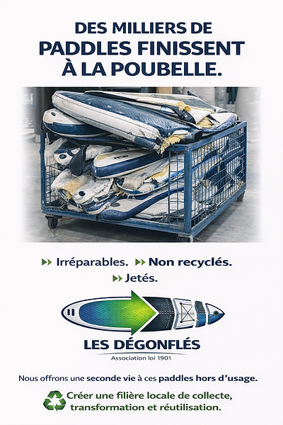 Affiche sensibilisation déchets nautiques paddle gonflable jeté poubelle, pollution équipements nautiques fin de vie, paddle PVC non recyclable, impact environnemental glisse, surconsommation paddle kayak, gestion déchets nautisme, solution recyclage paddle France, économie circulaire sport nautique.