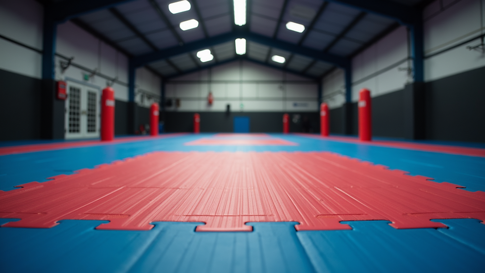 Eye-level view of a martial arts training mat in a gym