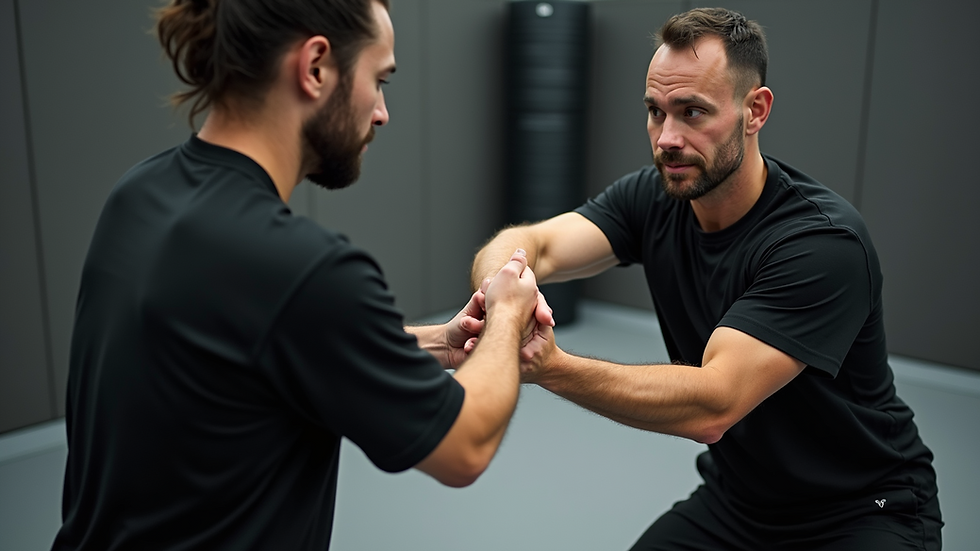 Close-up view of a self-defense instructor demonstrating a wrist lock to a student