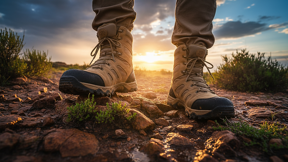Close-up view of tactical boots moving in unison on rough terrain