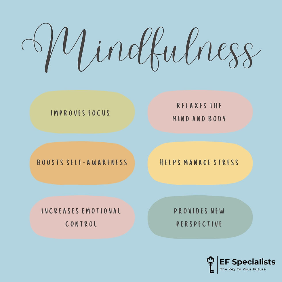 This is a colorful image with words that describes the benefits of mindfulness
