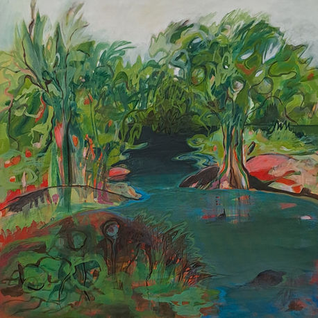 green, sea, red, bush, river, abstract, landscape