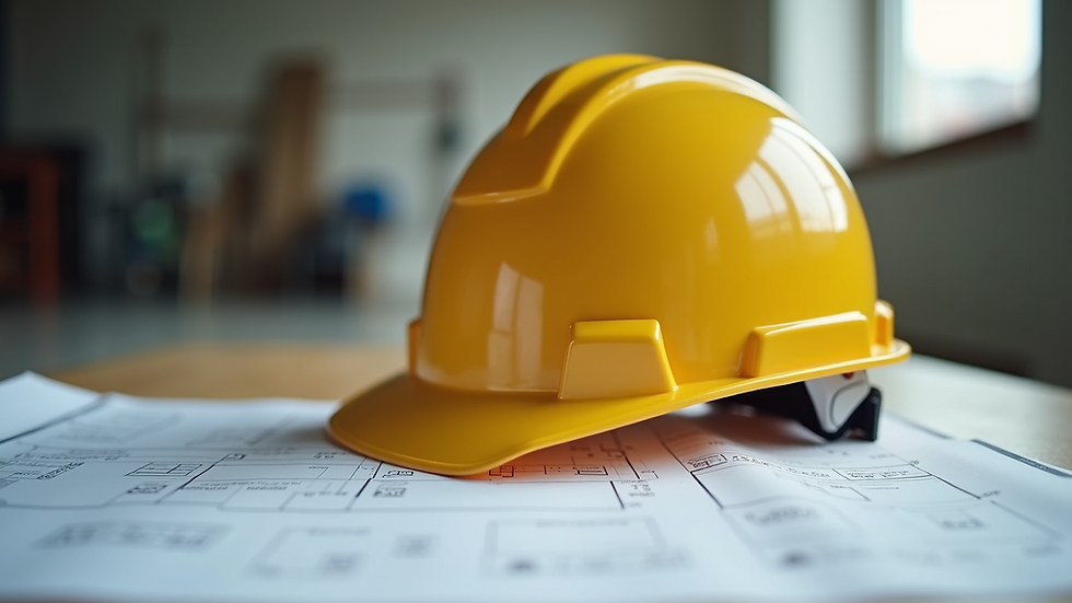 Close-up view of a safety helmet resting on construction plans
