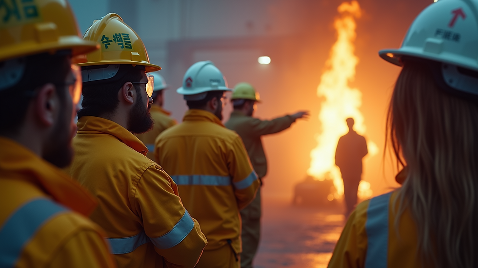 Close-up of a safety training session with employees learning fire safety