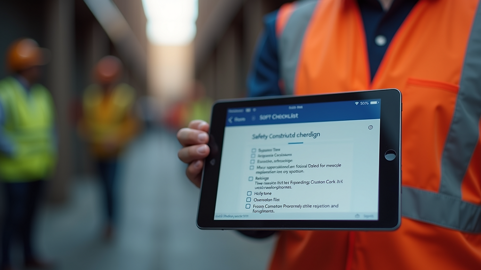 Close-up of a tablet showing a safety checklist being completed on-site
