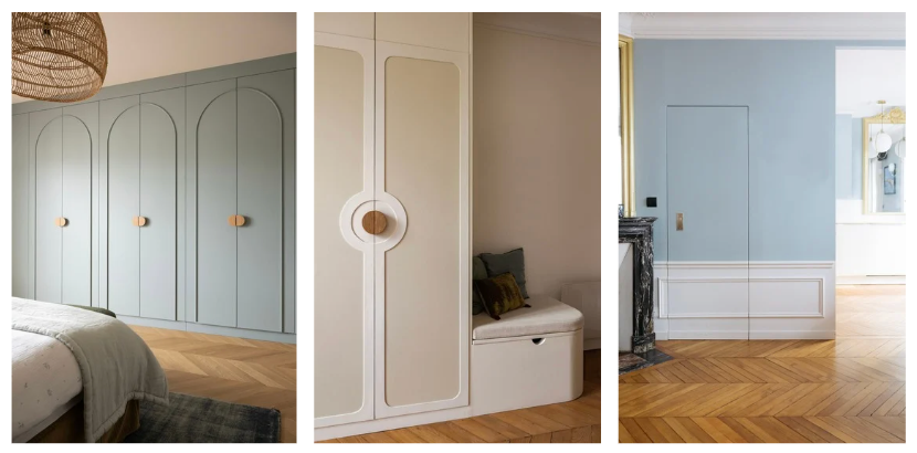 Rénovation d'appartement par architecte d'intérieur à Paris et Lyon. Création de placard sur-mesure avec couleurs clairs pour alléger la pièce et l'éclairer