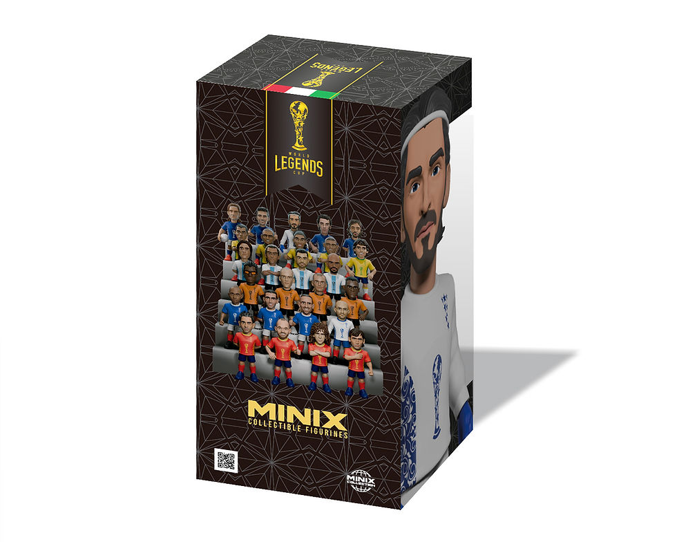 Miniatura: Emballage de la figurine Minix Buffon vu de trois-quarts, design de la boîte rétro de la gamme football World Legends Cup.