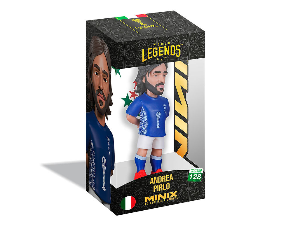 Boîte de collection Minix Pirlo World Legends Cup, figurine officielle de la légende du football sous emballage vitrine.