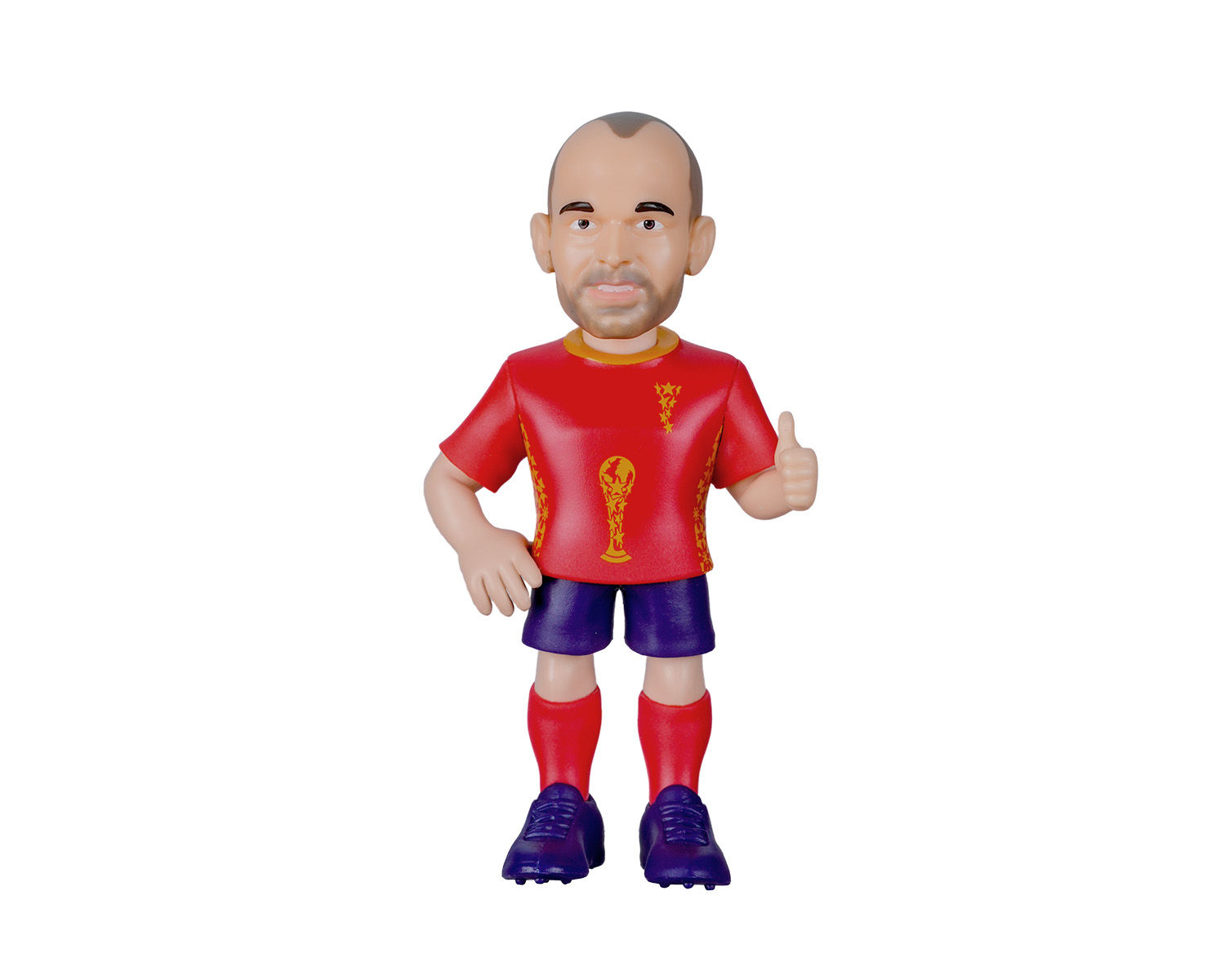 Figurine Minix Andrés Iniesta en maillot officiel rouge de l'équipe d'Espagne, vue de face.