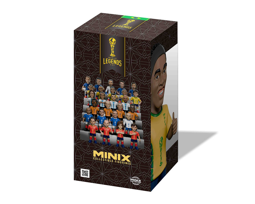 Miniatura: Emballage de la figurine Minix Ronaldinho vu de trois-quarts, design de la boîte rétro de la gamme football World Legends Cup