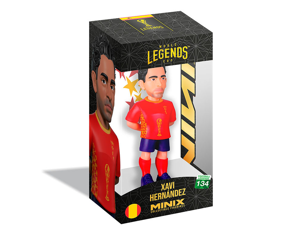 Boîte de collection Minix Xavi World Legends Cup, figurine officielle de la légende du football sous emballage vitrine.