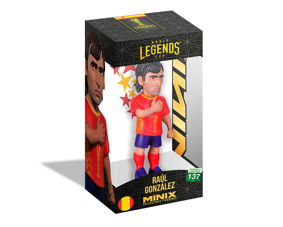 Boîte de collection Minix Raúl World Legends Cup, figurine officielle de la légende du football sous emballage vitrine.