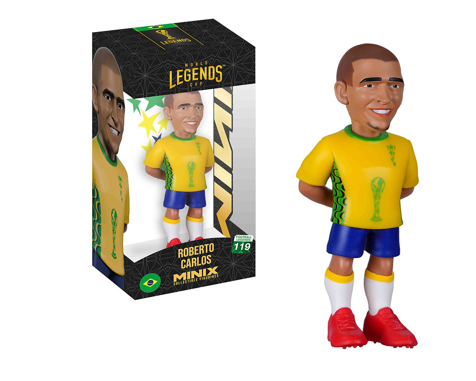 Miniatura: Figurine de collection Roberto Carlos Minix présentée à côté de sa boîte de présentation officielle World Legends Cup.
