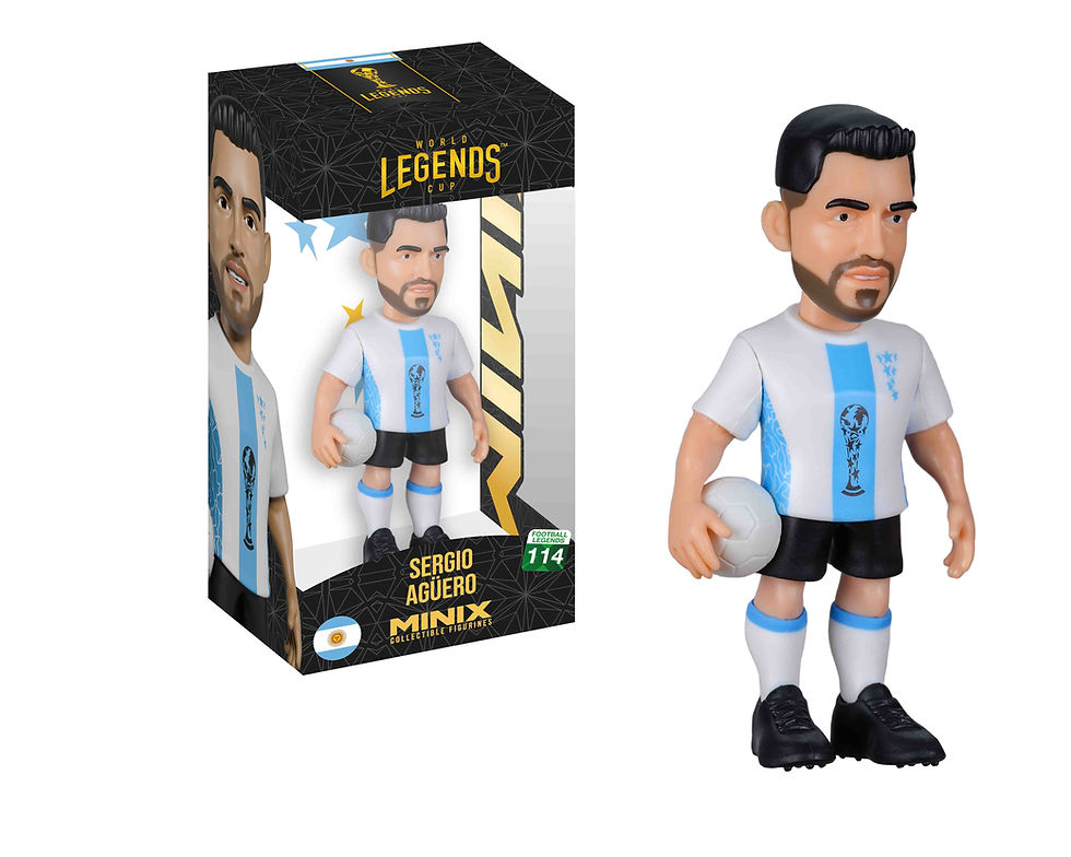 Thumbnail: Figurine de collection Agüero Minix présentée à côté de sa boîte de présentation officielle World Legends Cup.