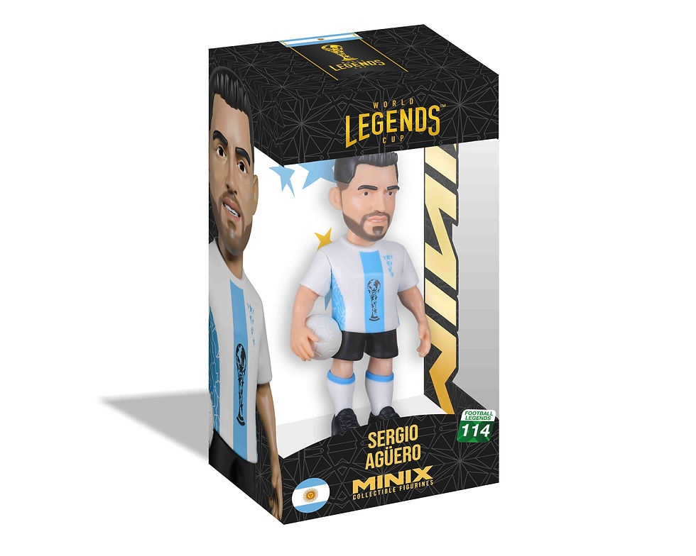 Boîte de collection Minix Agüero World Legends Cup, figurine officielle de la légende du football sous emballage vitrine.