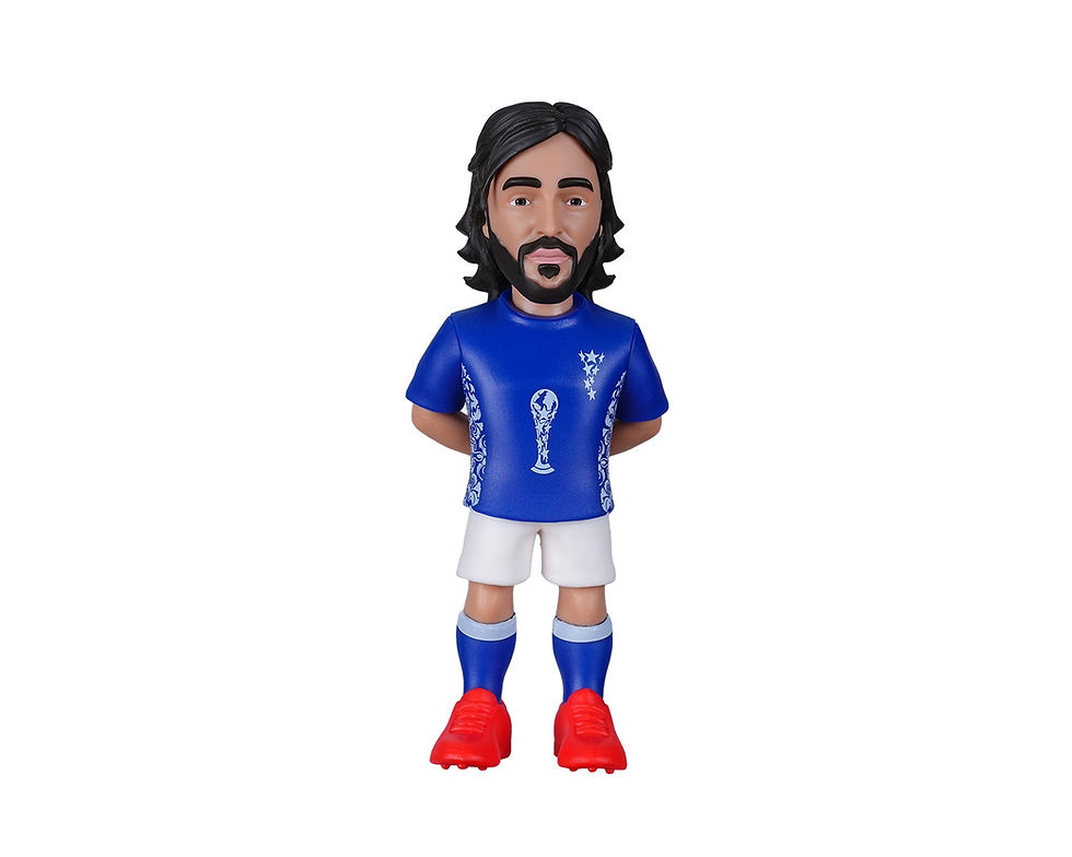 Figurine Minix Andrea Pirlo en maillot bleu azur de l'équipe d'Italie avec sa célèbre barbe, vue de face.