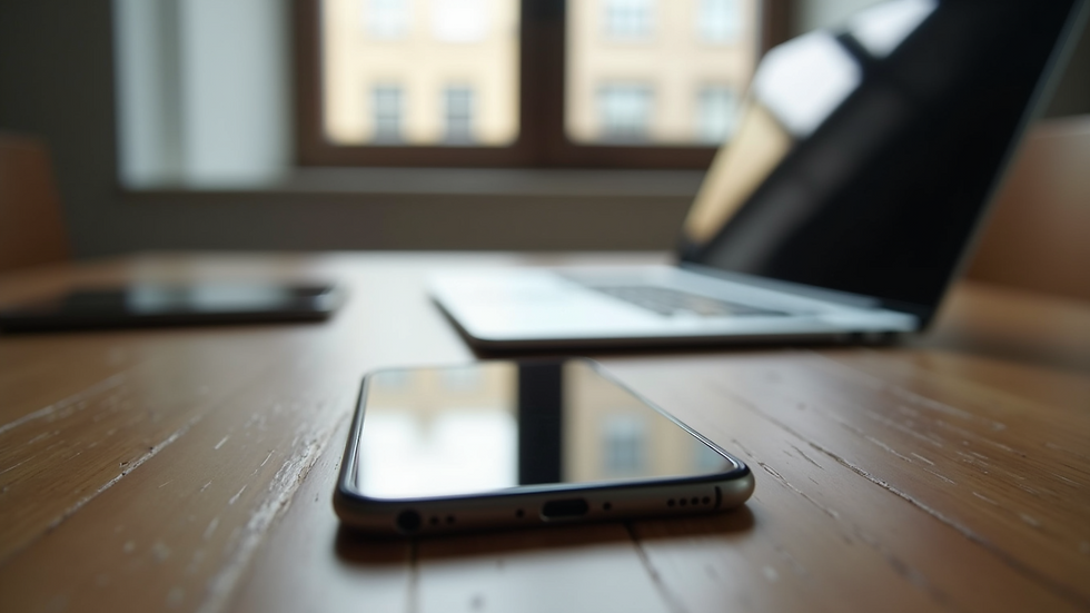 Eye-level view of a laptop and smartphone on a wooden table