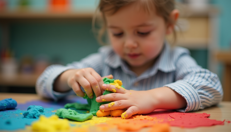 Close-up view of child’s hands molding clay during a creative arts session