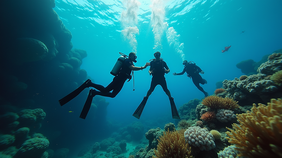 High-angle view of a scuba diving group exploring a vibrant underwater ecosystem