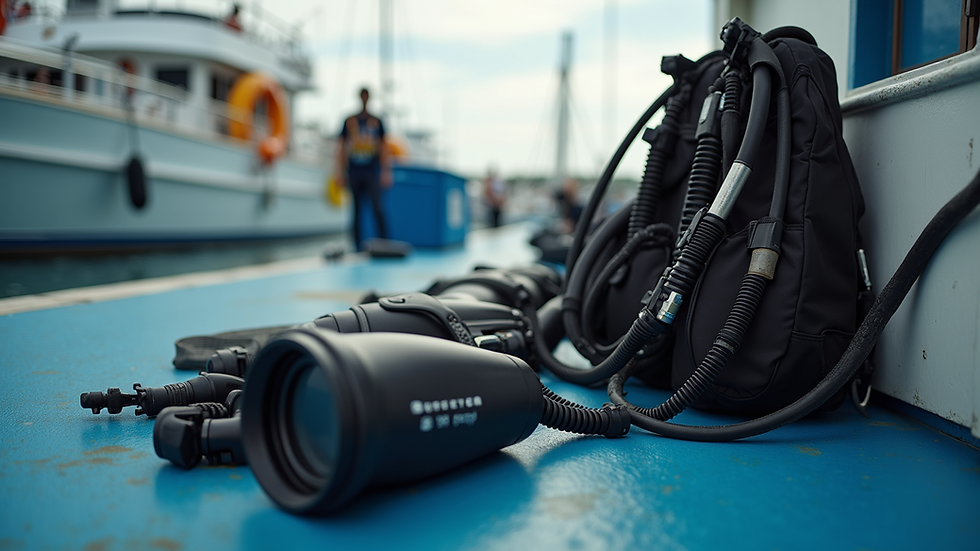 Eye-level view of scuba diving equipment laid out on a boat deck