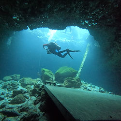 Diver ascending towards the entrance of Paradise Springs