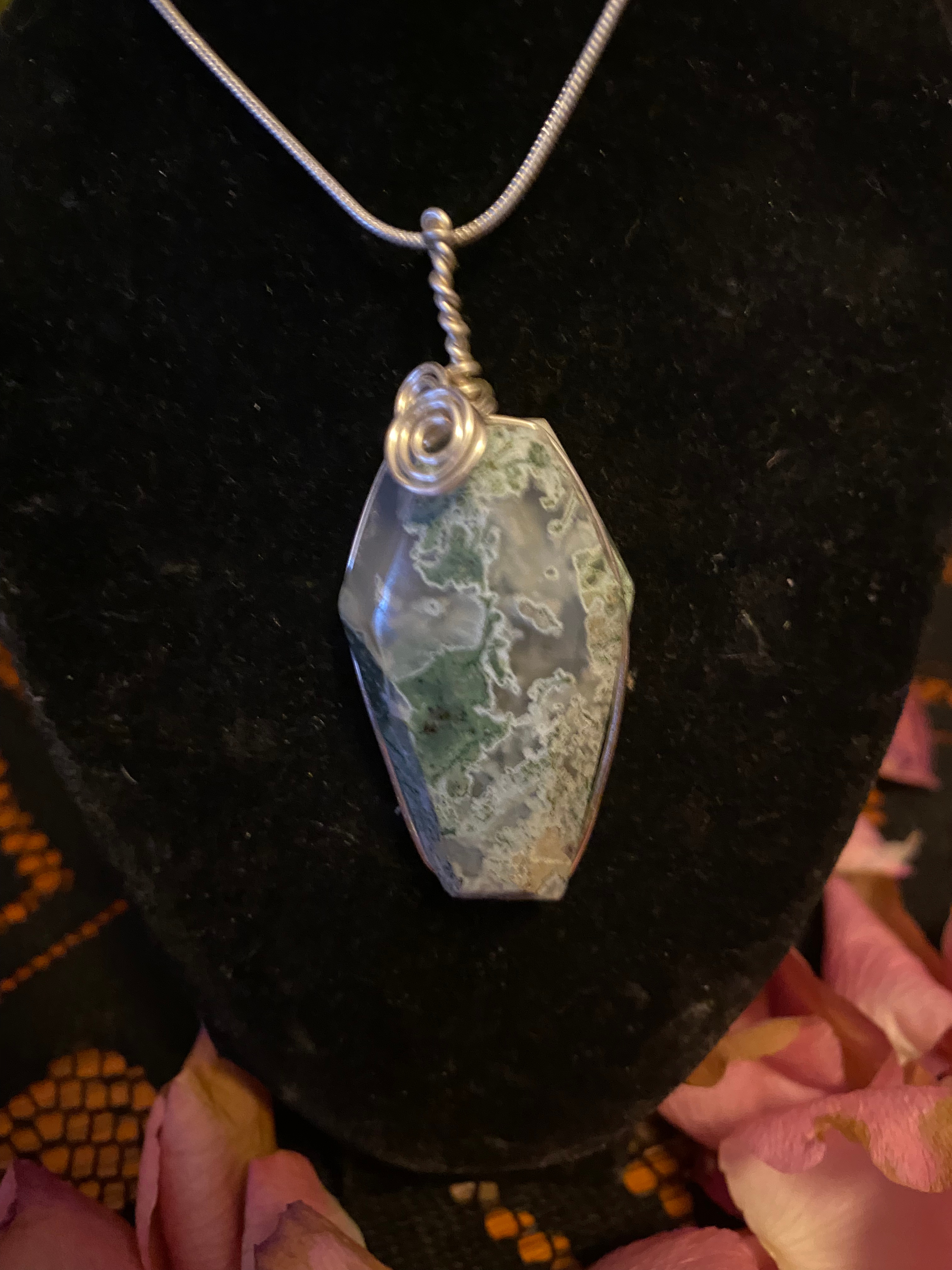 Moss agate coffin pendant
