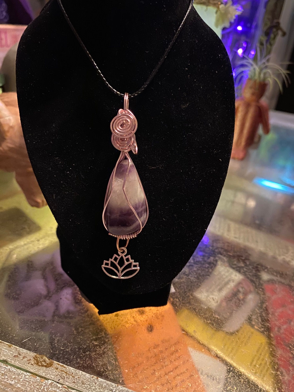 Amethyst rose gold wrapped pennant with lotus charm 
