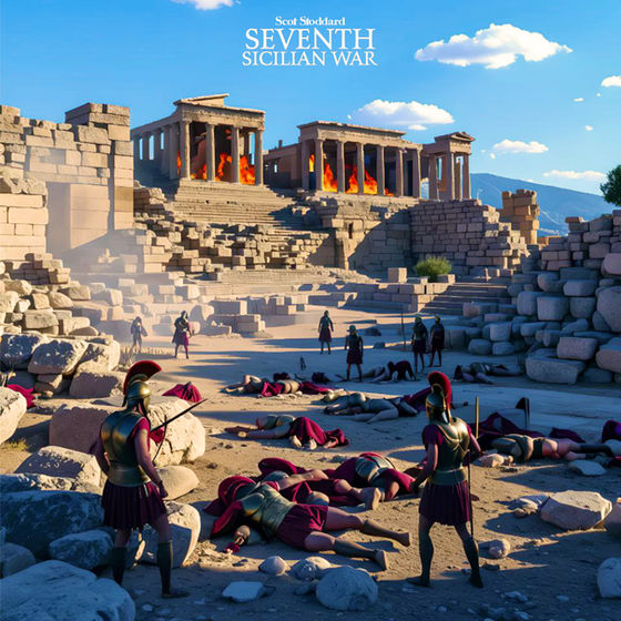 Сover art for the Track Seventh Sicilian War, by Scot Stoddard, depicting a battle on Sicily at Greek Ruins and fallen soldiers