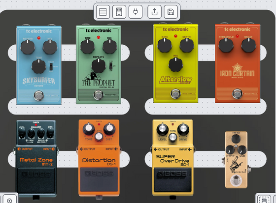 My pedalboard setup as rendered by a pedalboard simulation app