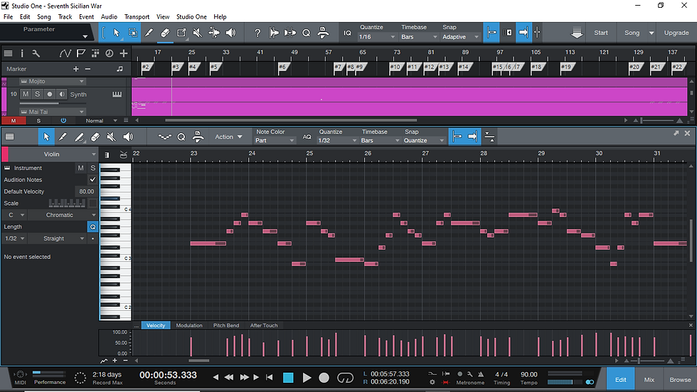 Violin part for "Seventh Sicilian War" written in MIDI notation.