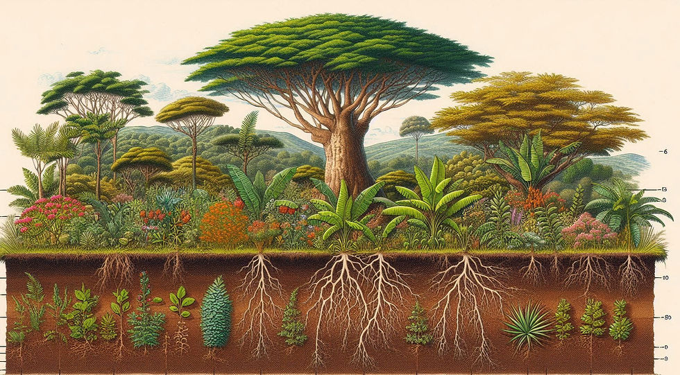 Ein Querschnitt einer Agrofloresta im Süden Brasiliens, dargestellt in einem natürlichen, handgezeichneten Stil. Das Bild zeigt verschiedene Pflanzenschichten: ganz unten Bodendecker wie Manjericão und Abóbora, darüber mittlere Sträucher wie Banana und Mamão, dann mittelhohe Bäume wie Ingá und Feijoa, und darüber große Bäume wie Aroeira und Abacate. Ein extrem hoher Baum wie Eukalyptus als emergente Schicht ragt darüber hinaus. Unter der Erde sind die unterschiedlichen Wurzelsysteme sichtbar – flache Wurzeln bei Kürbis, tiefe Pfahlwurzeln beim Eukalyptus. Im Vordergrund liegt Biomasse als Mulch. Das Bild zeigt lebendige Farben, fruchtende Pflanzen und kleine Tiere wie Vögel oder Insekten, die die Biodiversität betonen. Eine brasilianische Landschaft im Hintergrund mit grünen Hügeln und leicht bewölktem Himmel.