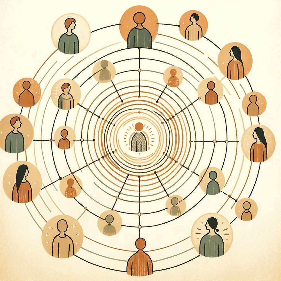 Ilustração conceitual no estilo infográfico suave, mostrando várias figuras humanas conectadas por linhas formando círculos concêntricos: um pequeno grupo no centro representando laços íntimos e outros círculos externos com conexões sociais mais amplas. Cores terrosas ou pastéis, estilo desenhado à mão, sem texto, com estética acolhedora e leve.