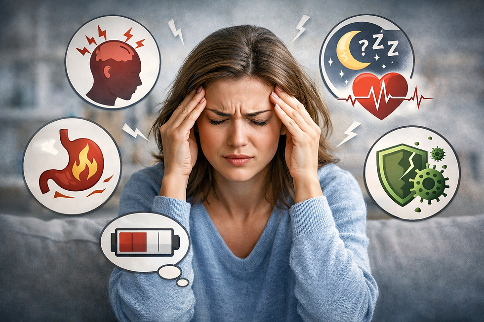 Representação visual dos principais sintomas de estresse no corpo, incluindo tensão mental, problemas digestivos, fadiga, distúrbios do sono e impacto no sistema imunológico.
