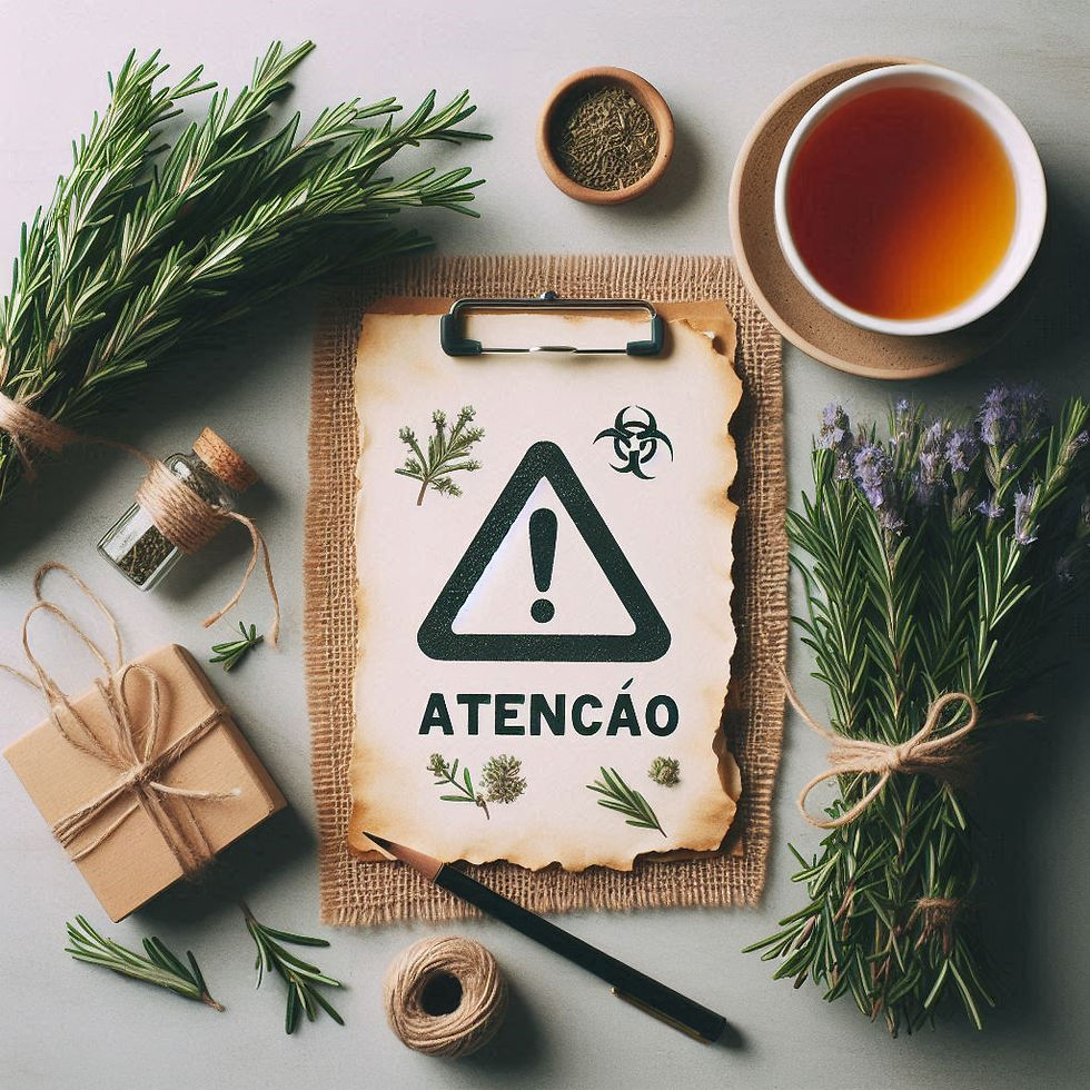 Flach gelegtes Bild mit einem Bündel frischem Alecrim, daneben eine Tasse Tee und ein kleines Notizbuch oder ein Schild mit der Aufschrift „Atenção“ . Die Atmosphäre ist freundlich, ruhig und vermittelt das Thema „Vorsicht bei der Anwendung von Heilpflanzen
