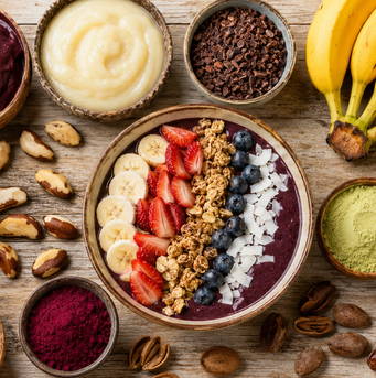 Variedade de superalimentos brasileiros combinados em uma tigela de açaí completa
