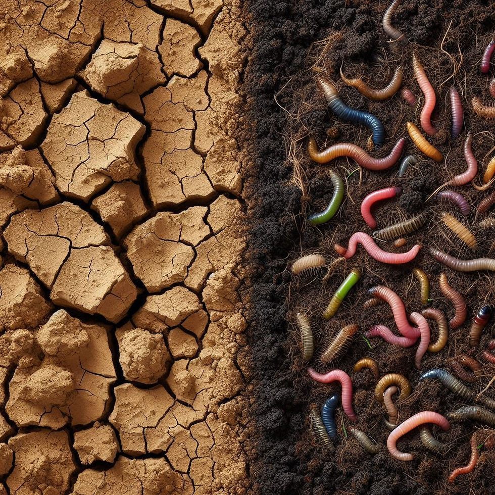 Fotografische Darstellung eines geteilten Bildes: links ausgelaugter, trockener, blasser landwirtschaftlicher Boden mit wenigen Mikroorganismen; rechts gesunder, dunkler, humusreicher Boden voller Leben mit sichtbaren Regenwürmern und Wurzeln