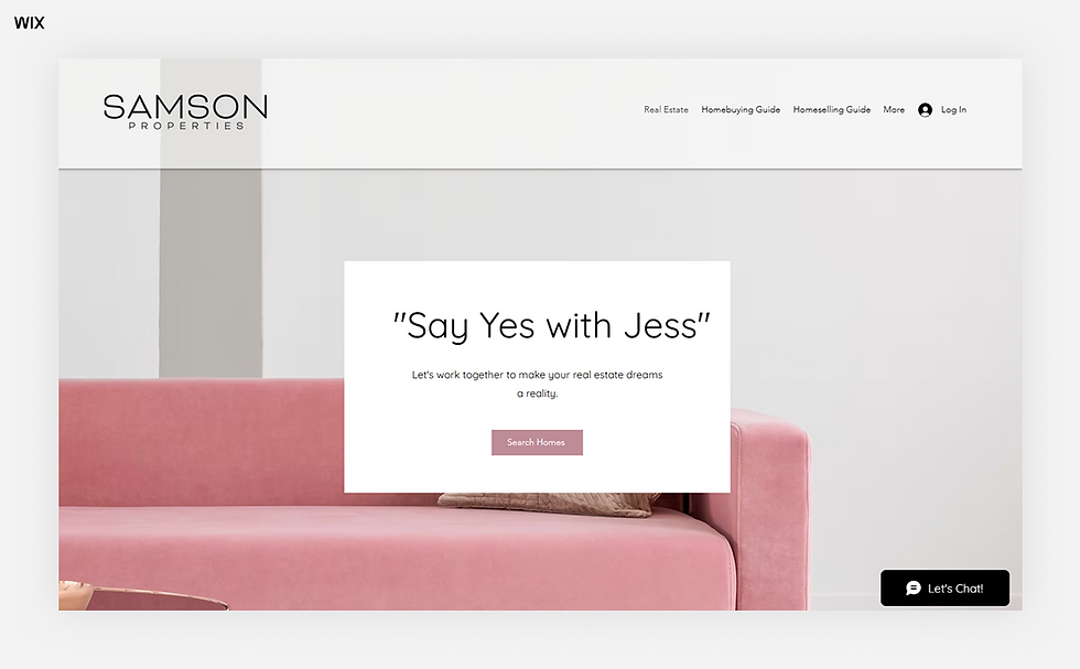 Webpage with a pink couch and text "Say Yes with Jess."