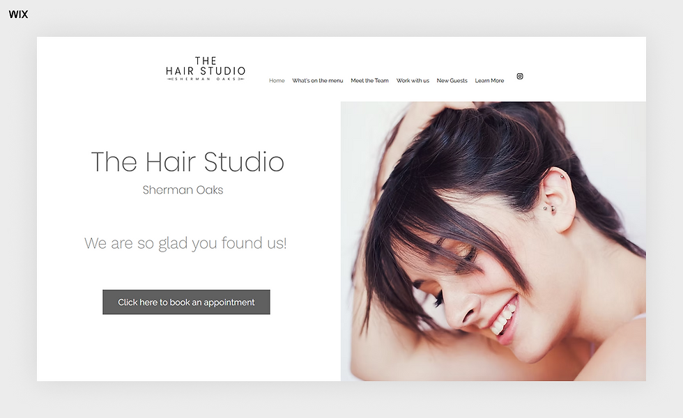 The Hair Studio Sherman Oaks website with a smiling woman with dark hair leans on her hand
